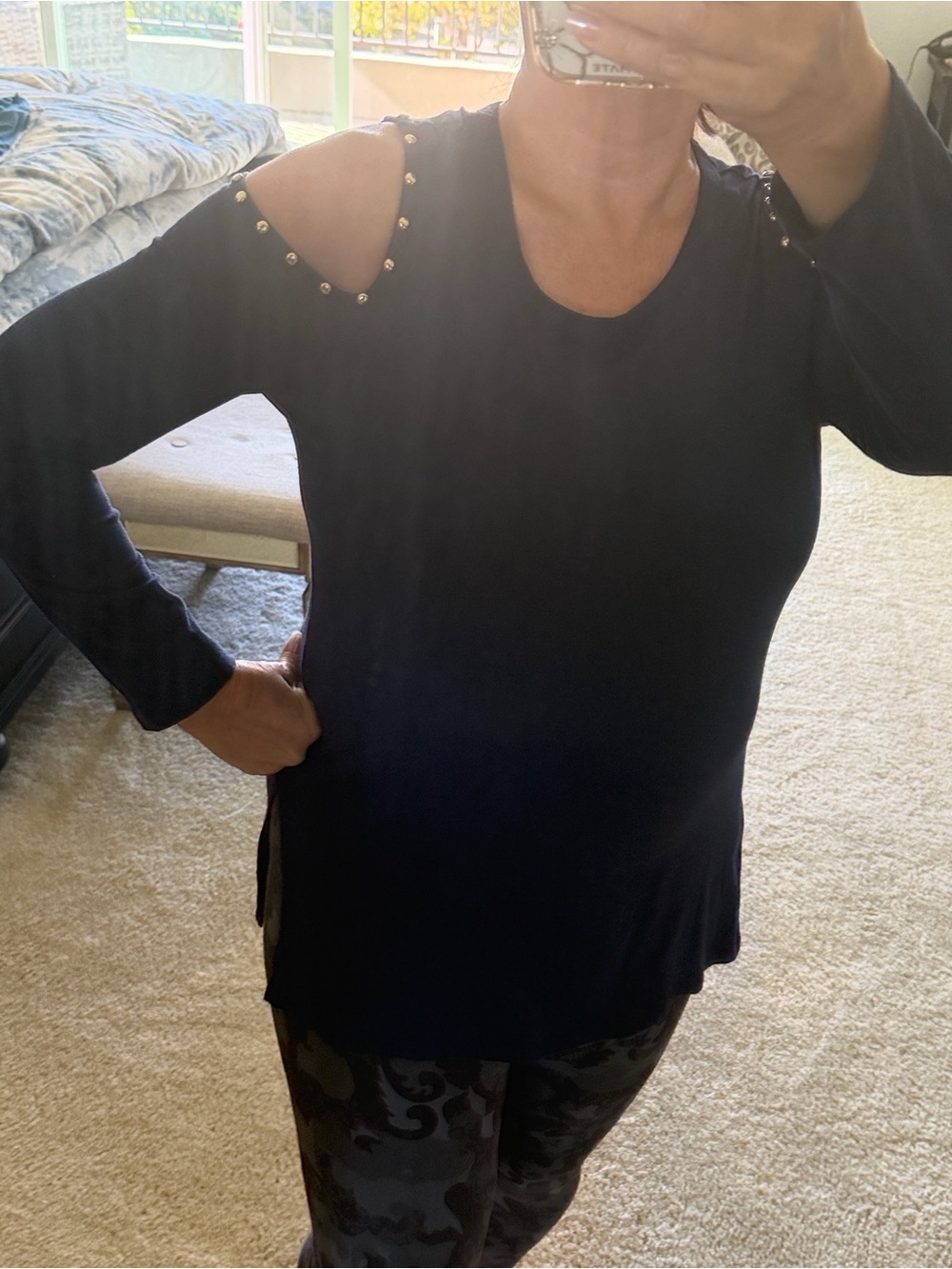 Michael Kors Blue Cold-Shoulder Long-Sleeve Top with Gold Studs